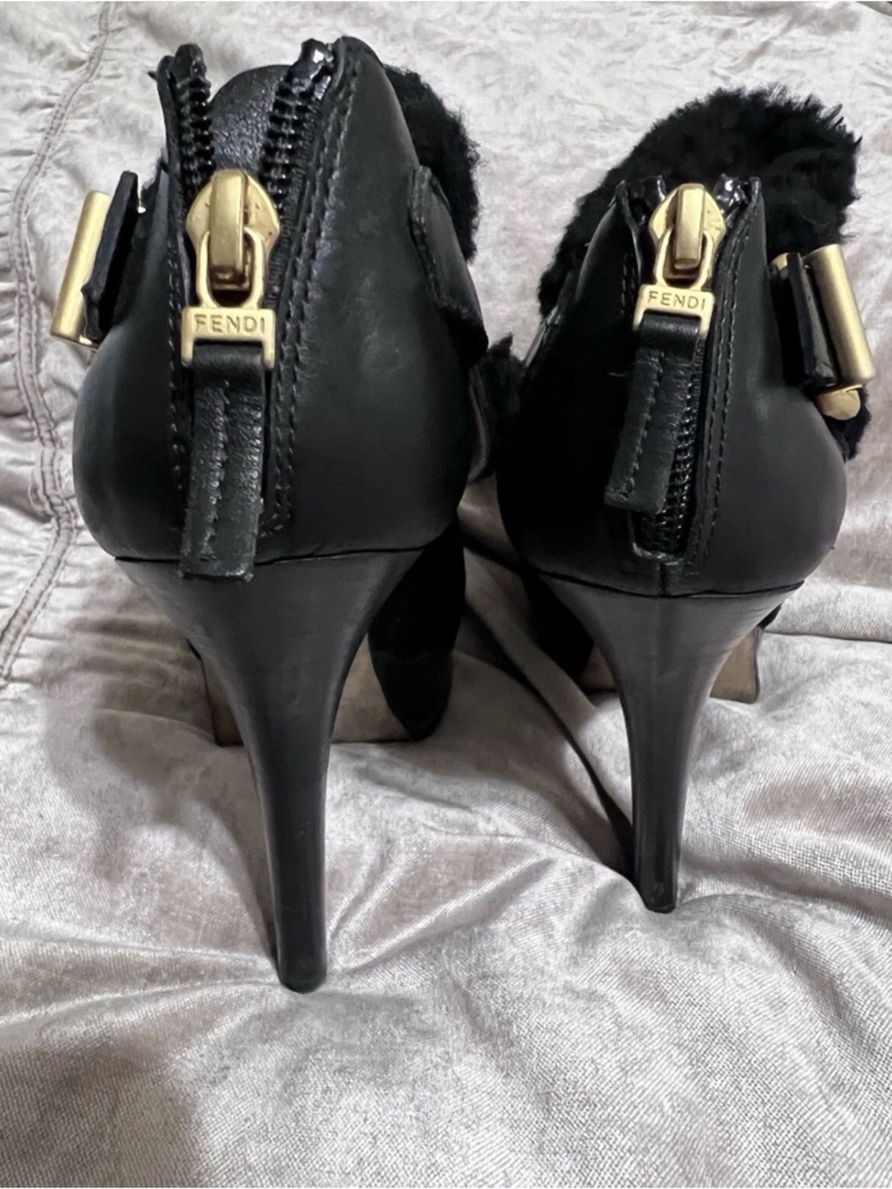 Fendi FF Black Fendista Shearling Fur Suede Buckled Platform Ankle Boot 39 - Picture 3 of 8